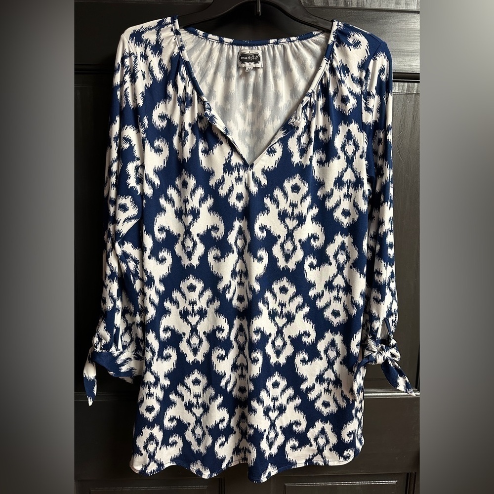 Mud Pie Navy & White Ikat Print 3/4 Length Sleeve Tunic Women’s Size Med (8-10) - Picture 1 of 8